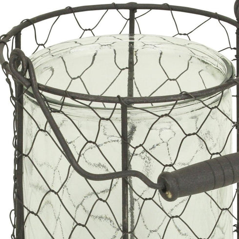 6" Brown and Clear Wire Basket and Glass Jar