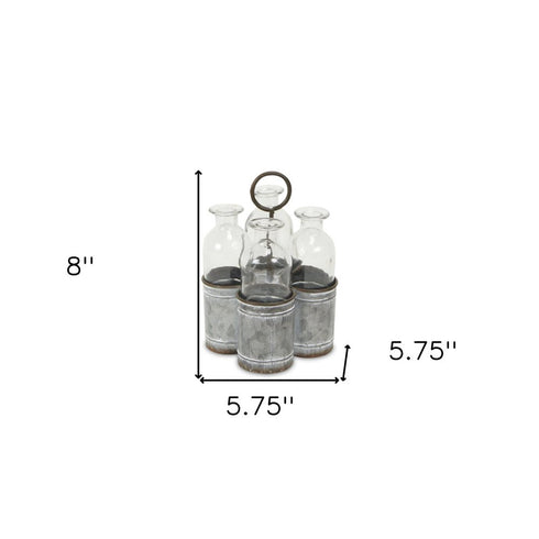 Set of Four Clear Galvanized Metal and Glass Decorative Bottle Tabletop Sculpture