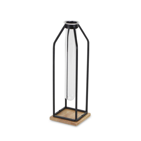 12" Black Clear And Natural Metal Glass And Wood Posy Test Tube Table Vase