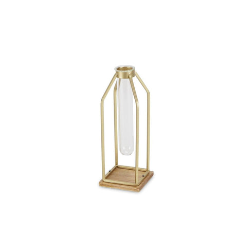 11" Gold Clear And Natural Metal Glass And Wood Test Tube Table Vase