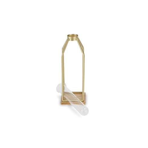 11" Gold Clear And Natural Metal Glass And Wood Test Tube Table Vase
