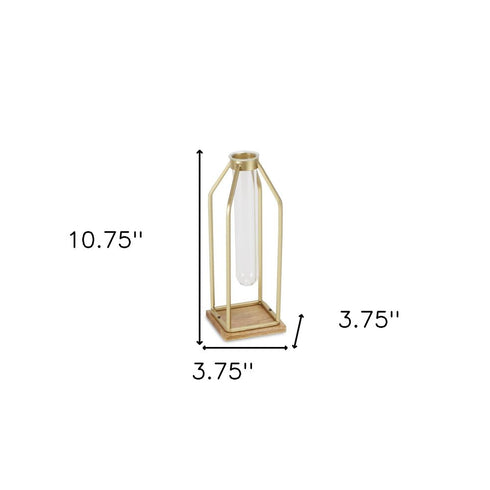 11" Gold Clear And Natural Metal Glass And Wood Test Tube Table Vase