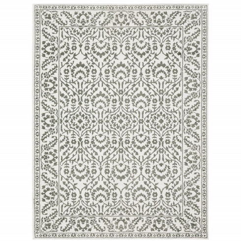 8' X 11' Gray And White Floral Distressed Area Rug