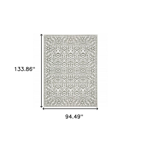 8' X 11' Gray And White Floral Distressed Area Rug
