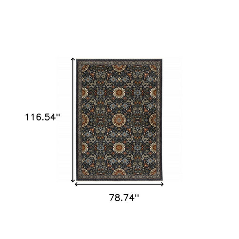 8' X 11' Blue Ivory And Red Oriental Area Rug With Fringe