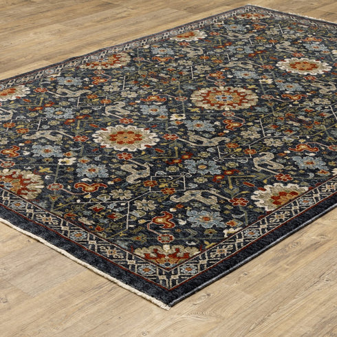 8' X 11' Blue Ivory And Red Oriental Area Rug With Fringe
