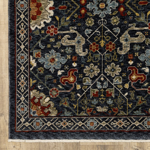 8' X 11' Blue Ivory And Red Oriental Area Rug With Fringe