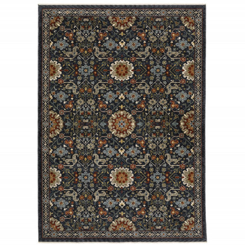 8' X 11' Blue Ivory And Red Oriental Area Rug With Fringe