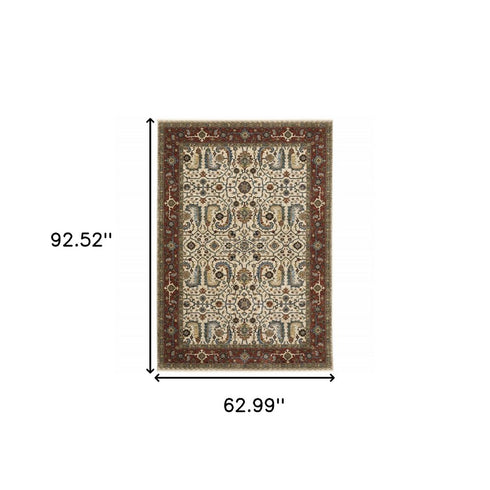 8' X 11' Ivory And Red Oriental Area Rug With Fringe