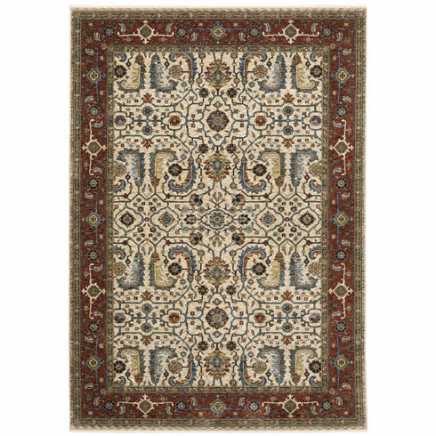 8' X 11' Ivory And Red Oriental Area Rug With Fringe