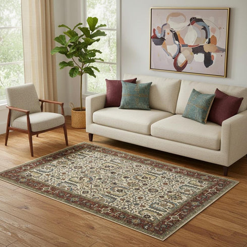 8' X 11' Ivory And Red Oriental Area Rug With Fringe