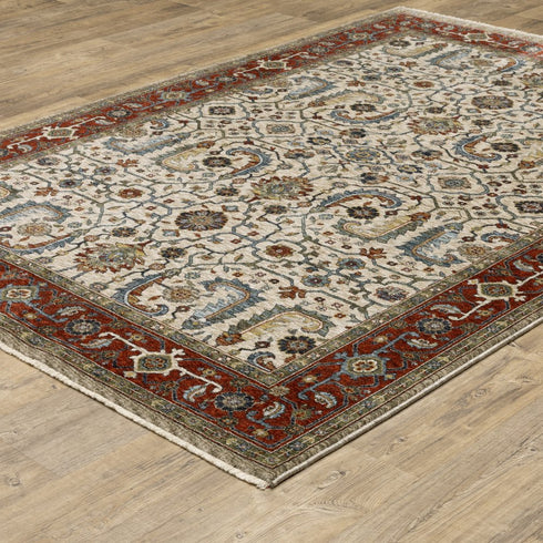 8' X 11' Ivory And Red Oriental Area Rug With Fringe