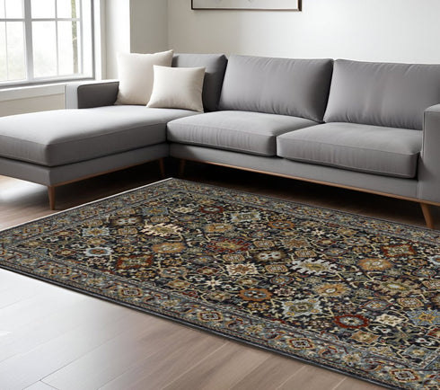 8' X 11' Blue And Beige Oriental Area Rug With Fringe