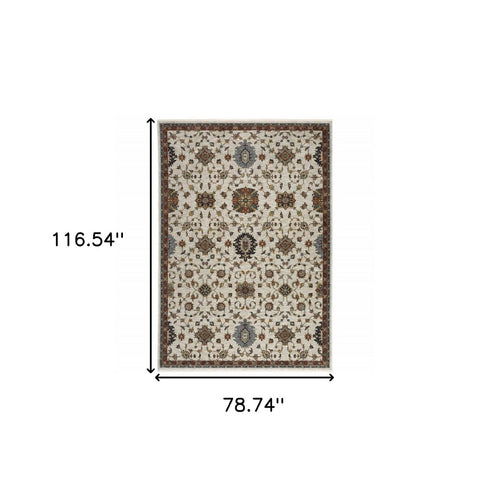 8' X 11' Ivory Red And Yellow Oriental Area Rug With Fringe