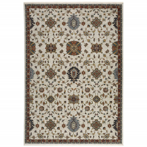 8' X 11' Ivory Red And Yellow Oriental Area Rug With Fringe