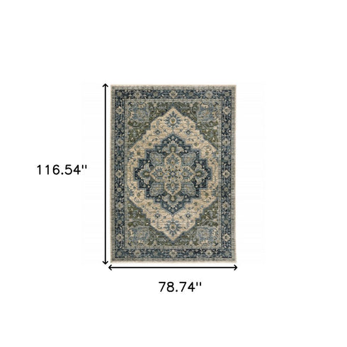 8' X 11' Blue And Beige Oriental Area Rug With Fringe