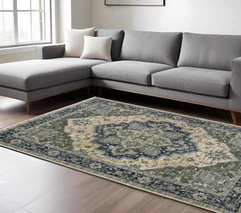 8' X 11' Blue And Beige Oriental Area Rug With Fringe