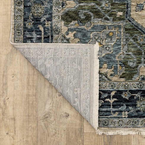 8' X 11' Blue And Beige Oriental Area Rug With Fringe