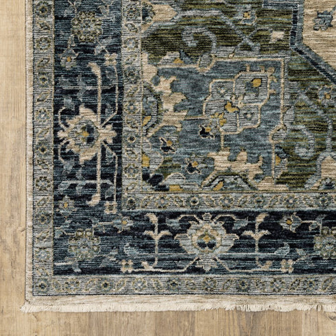 8' X 11' Blue And Beige Oriental Area Rug With Fringe