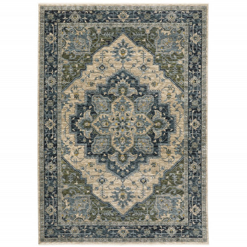 8' X 11' Blue And Beige Oriental Area Rug With Fringe