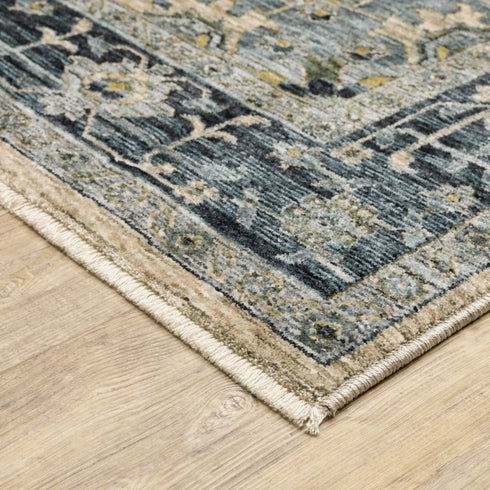8' X 11' Blue And Beige Oriental Area Rug With Fringe