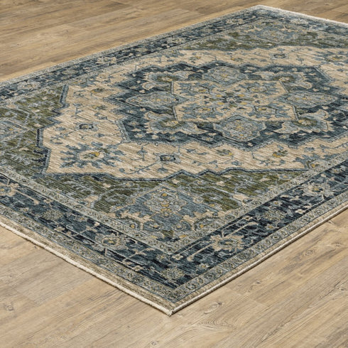 8' X 11' Blue And Beige Oriental Area Rug With Fringe