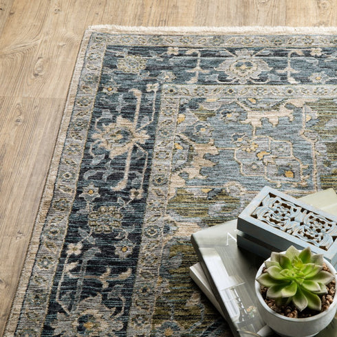 8' X 11' Blue And Beige Oriental Area Rug With Fringe