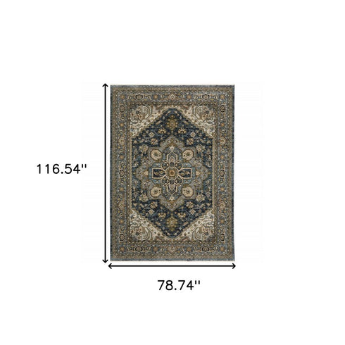 8' X 11' Blue And Midnight Oriental Area Rug With Fringe