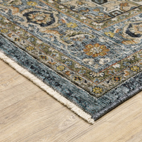 8' X 11' Blue And Midnight Oriental Area Rug With Fringe