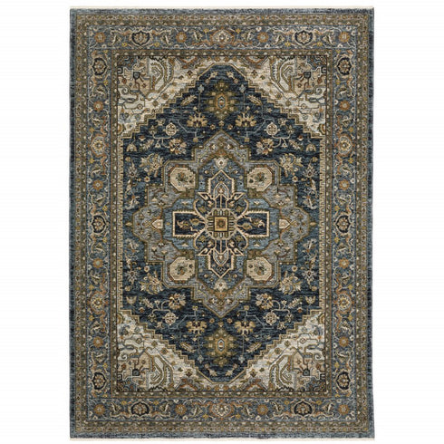 8' X 11' Blue And Midnight Oriental Area Rug With Fringe