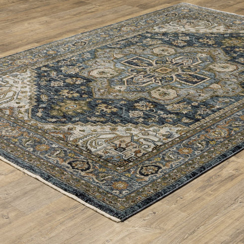 8' X 11' Blue And Midnight Oriental Area Rug With Fringe