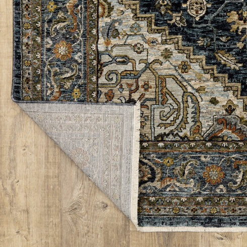 8' X 11' Blue And Midnight Oriental Area Rug With Fringe