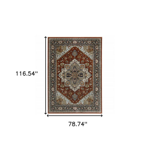 8' X 11' Red And Blue Oriental Area Rug With Fringe
