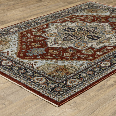 8' X 11' Red And Blue Oriental Area Rug With Fringe