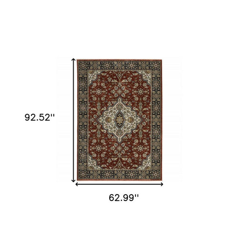 8' X 11' Red And Blue Oriental Area Rug With Fringe