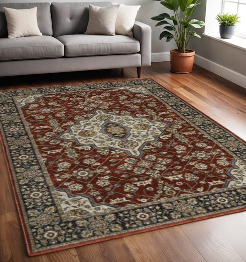 8' X 11' Red And Blue Oriental Area Rug With Fringe