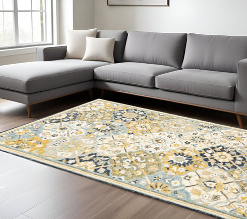 8' X 10' Blue Green Gold Navy And Ivory Geometric Tufted Handmade Stain Resistant Area Rug