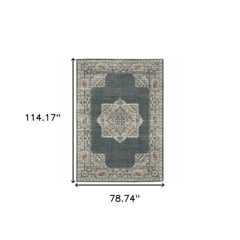 8' X 11' Blue and Beige Oriental Power Loom Area Rug
