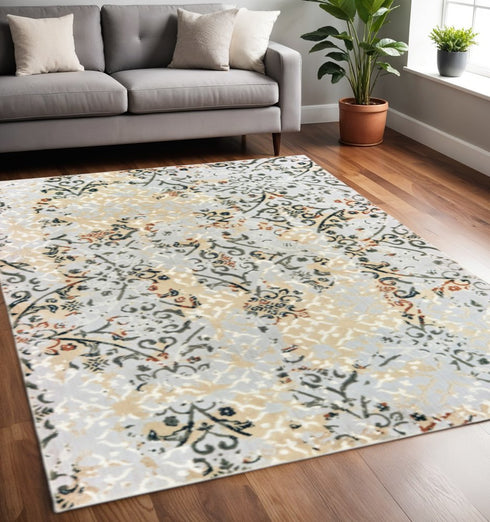 8' X 11' Gray And Gold Abstract Distressed Area Rug