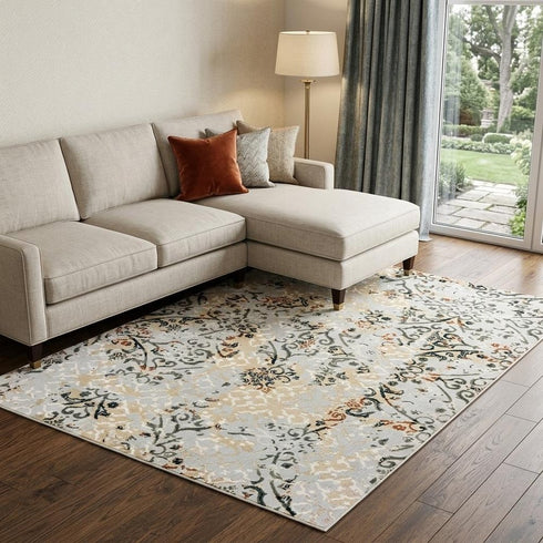 8' X 11' Gray And Gold Abstract Distressed Area Rug