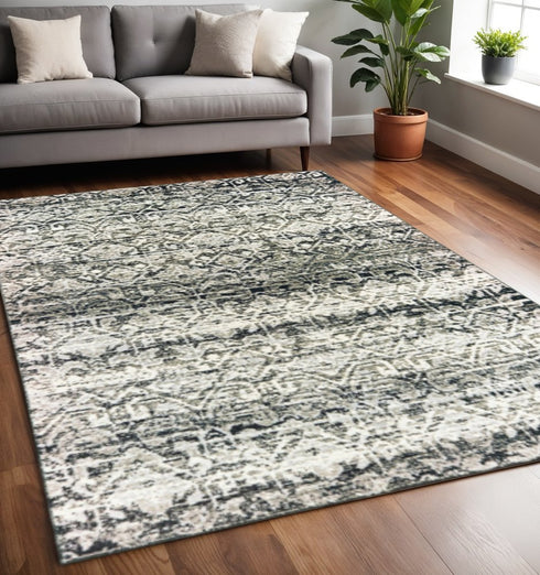 8' X 11' Gray And Ivory Geometric Distressed Area Rug