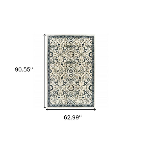 8' X 11' Ivory And Navy Blue Oriental Area Rug