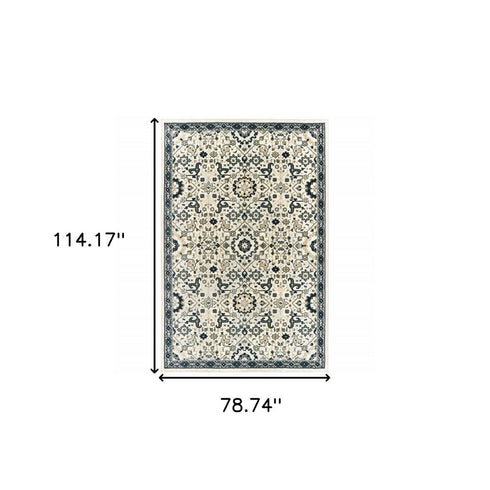 8' X 11' Ivory And Navy Blue Oriental Area Rug