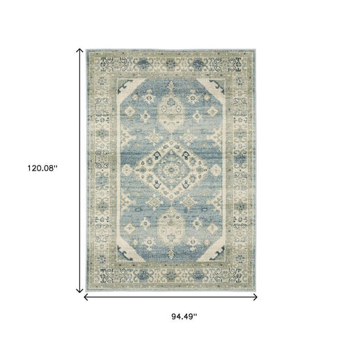 8' X 10' Blue Grey Beige And Teal Oriental Power Loom Stain Resistant Area Rug