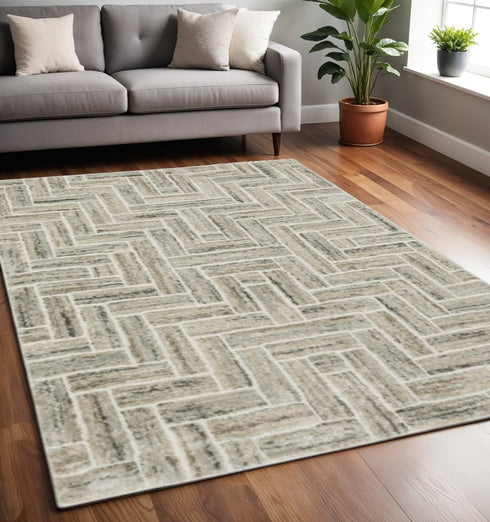 8' X 11' Ivory And Beige Geometric Area Rug