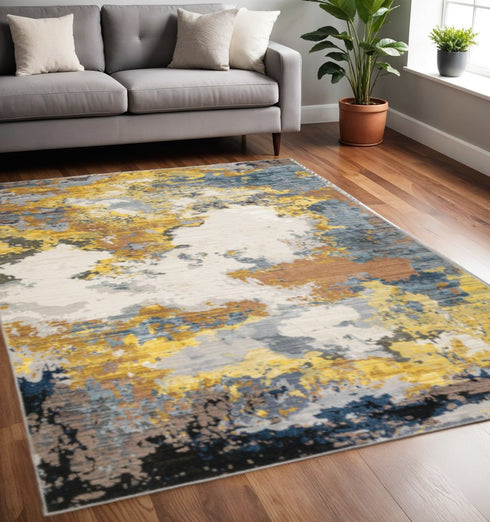 8' X 11' Yellow And Blue Abstract Area Rug