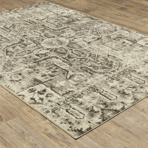 8' X 11' Grey Ivory And Brown Oriental Power Loom Stain Resistant Area Rug