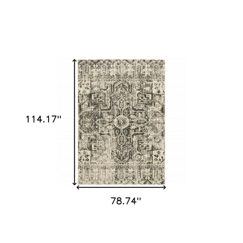 8' X 11' Grey Ivory And Brown Oriental Power Loom Stain Resistant Area Rug