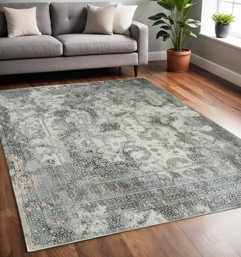 8' X 11' Ivory Grey Charcoal Blue And Rust Oriental Power Loom Stain Resistant Area Rug