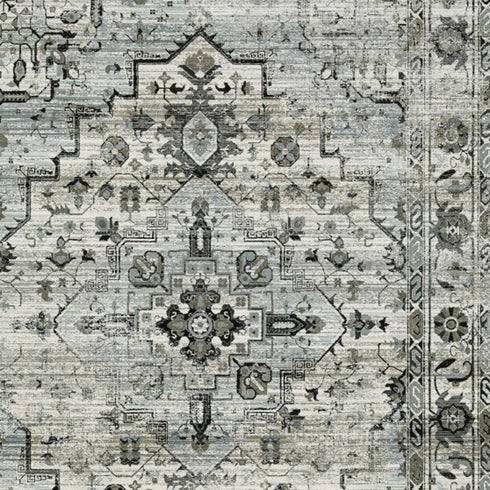 8' X 11' Ivory Grey Charcoal Blue And Taupe Oriental Power Loom Stain Resistant Area Rug
